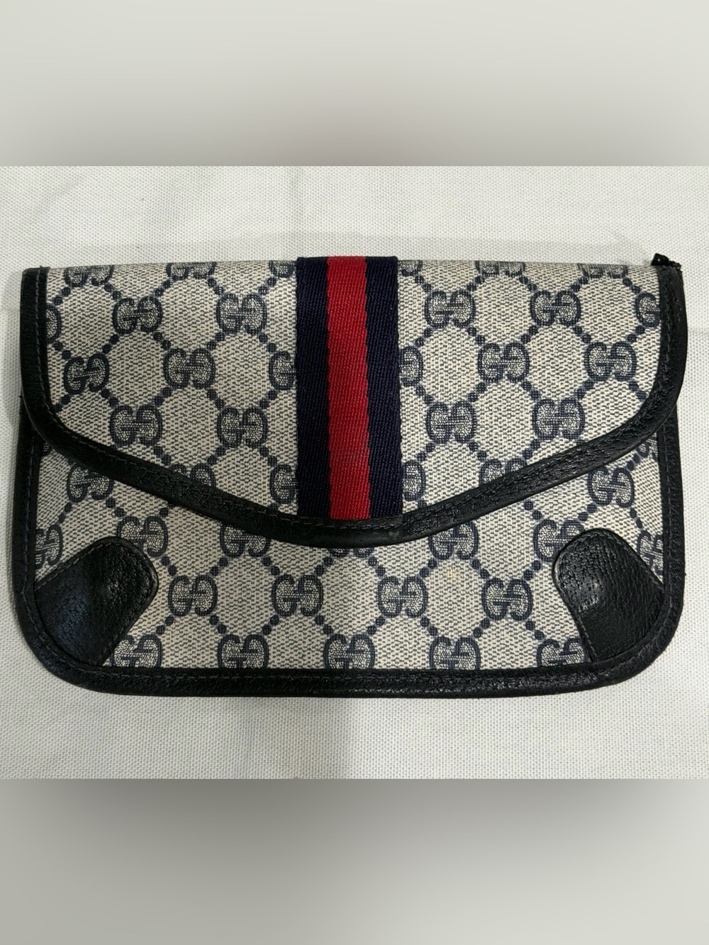 Vintage Gucci GG Monogram Clutch with Navy and Red Web Stripe